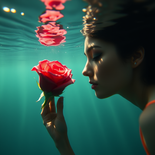 A woman underwater, gazing at a rose Her face is reflected in the water's surface The scene is illuminated by sunlight filtering through the water The atmosphere is serene and contemplative