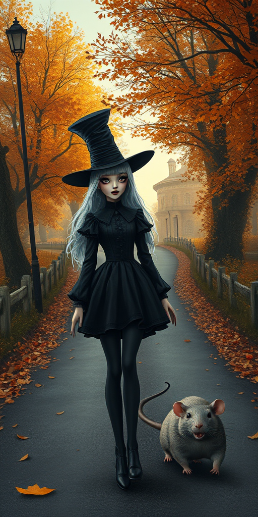 digital art fantasy depicting a strange girl with white hair, long eyelashes, black lipstick and a tall hat walking along a winding road on an autumn afternoon, an Rat smiles as she passes