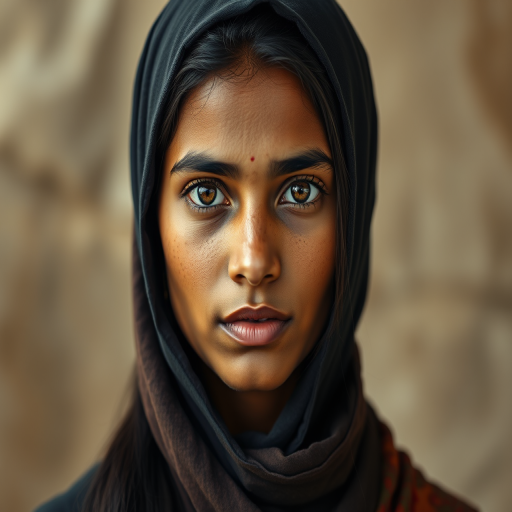 Create a portrait of a young Sri Lankan woman with long, dark hair and captivating hazel eyes. She is wearing a dark headscarf and a matching scarf draped gracefully around her neck. The background is softly blurred, focusing attention on her serene and natural expression. The overall color palette is muted and warm, enhancing the intimate and authentic feel of the portrait.
