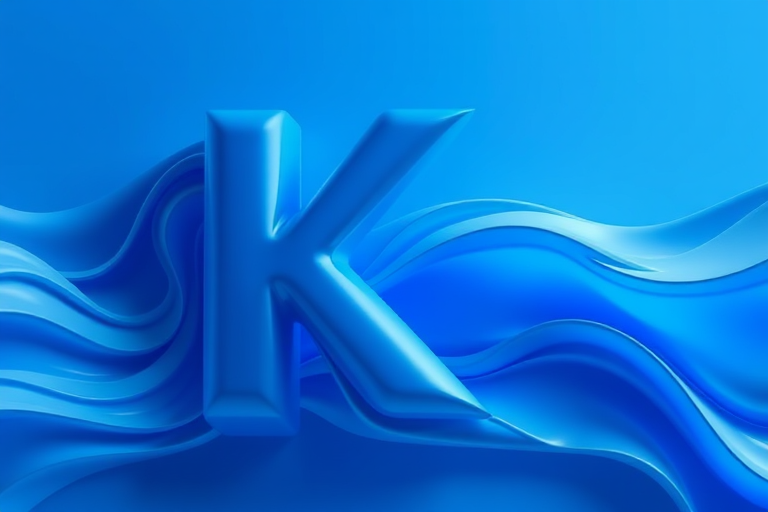 Create a high-resolution abstract 3D rendering of the letter "K" with flowing, wave-like textures in blue tones, shot with a Canon EOS R5 at f/8, ISO 100, 35mm lens, using a soft focus style and overhead lighting for enhanced depth.
