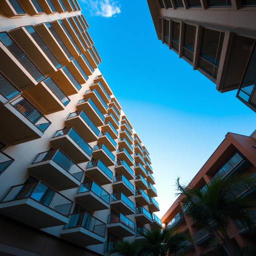 captured from a low angle view of a modern apartment building with cantilevered balconies, bright blue sky in the background, DSLR camera, f/8 aperture, ISO 100, 24mm lens, natural lighting for enhanced detail and color vibrancy