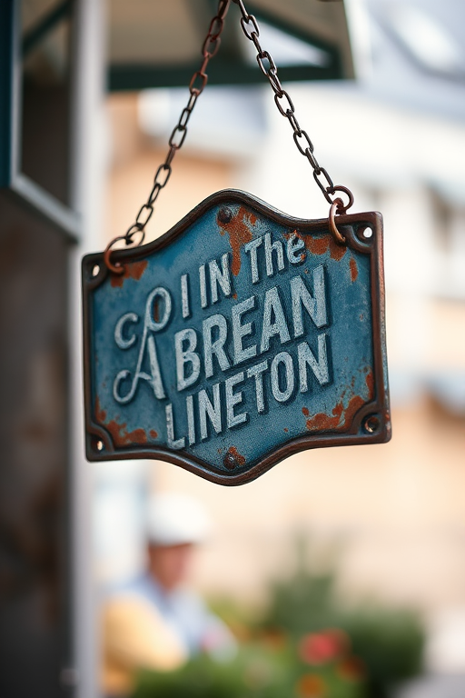 A weathered metal sign hanging from chains, captured with a Canon EOS R5, 50mm lens, f/2.8 aperture, ISO 100, shallow depth of field, soft focus background, natural lighting to enhance texture and details.