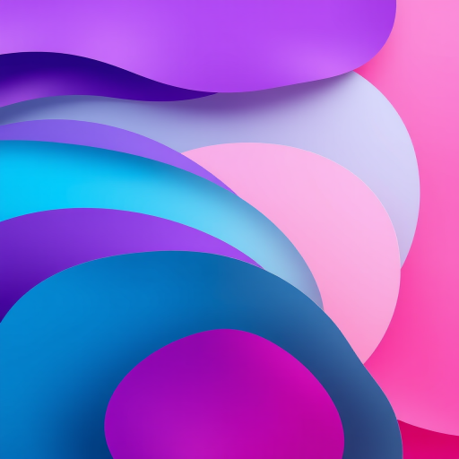Create a vibrant abstract design featuring layered shapes in shades of purple, teal, and pink with smooth gradients, shot with a Canon EOS R5 at f/8, ISO 100, 50mm lens, top-down view, high saturation.
