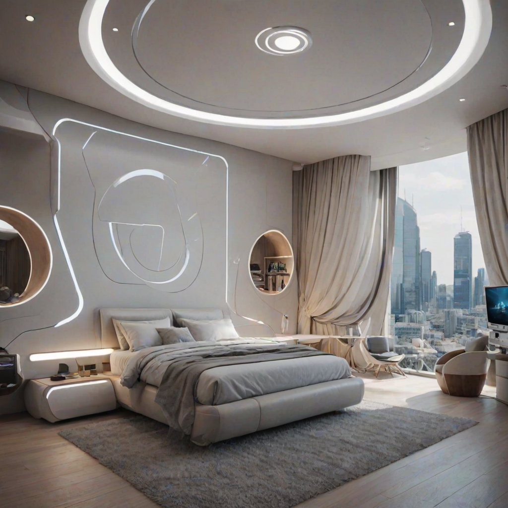 bed, bedroom, futuristic, dynamic angle,