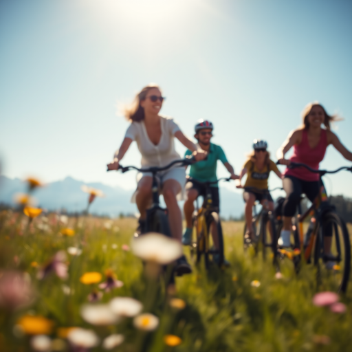 Blurry action shot of a group of friends riding bicycles through a sun-drenched meadow, soft focus on the flowers swaying in the breeze, with distant mountains silhouetted against the clear blue sky.