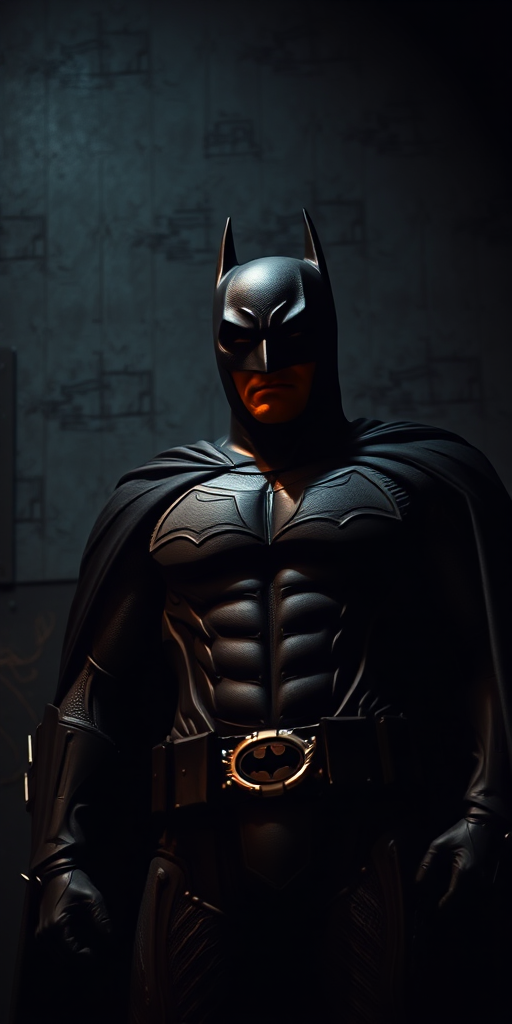 Batman in a dark, moody atmosphere with a textured backdrop, using a Canon EOS R5, 50mm lens, aperture f/1.8, ISO 100, shutter speed 1/200 sec, shot from a low angle for dramatic effect and enhanced details.