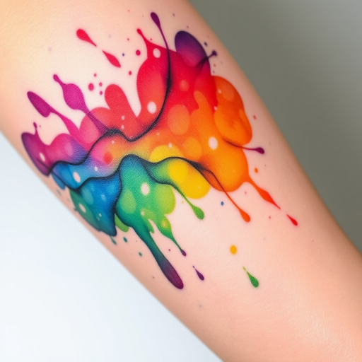 Vibrant watercolor tattoo called "Spectrum Splash" featuring a cascading rainbow of fluid colors blending seamlessly, creating an abstract yet harmonious design that flows organically across the skin