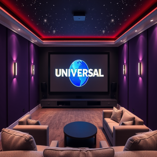 create a visually stunning home theater room with a large illuminated screen displaying the Universal logo, featuring dark purple walls, soft couch seating, starry ceiling lights, optimal focus, 24mm lens, f/2.8 aperture, ISO 400, low-light setting, wide-angle view, digital photography, high dynamic range imaging.