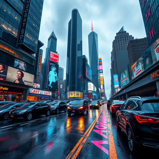 futuristic cityscape with towering skyscrapers, neon lights reflecting on wet pavement, crowded street scene with sleek cars, wide-angle lens, f/11 aperture, ISO 100, 1/125 sec shutter speed, shot with a full-frame DSLR, capturing a vibrant and dynamic urban atmosphere