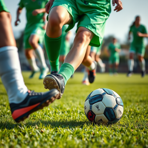 capture a dynamic scene of a soccer game focusing on the feet of players in green shorts kicking a brightly colored soccer ball on vibrant green grass, shallow depth of field, aperture f/2.8, shutter speed 1/1000s, ISO 200, 50mm lens, natural light