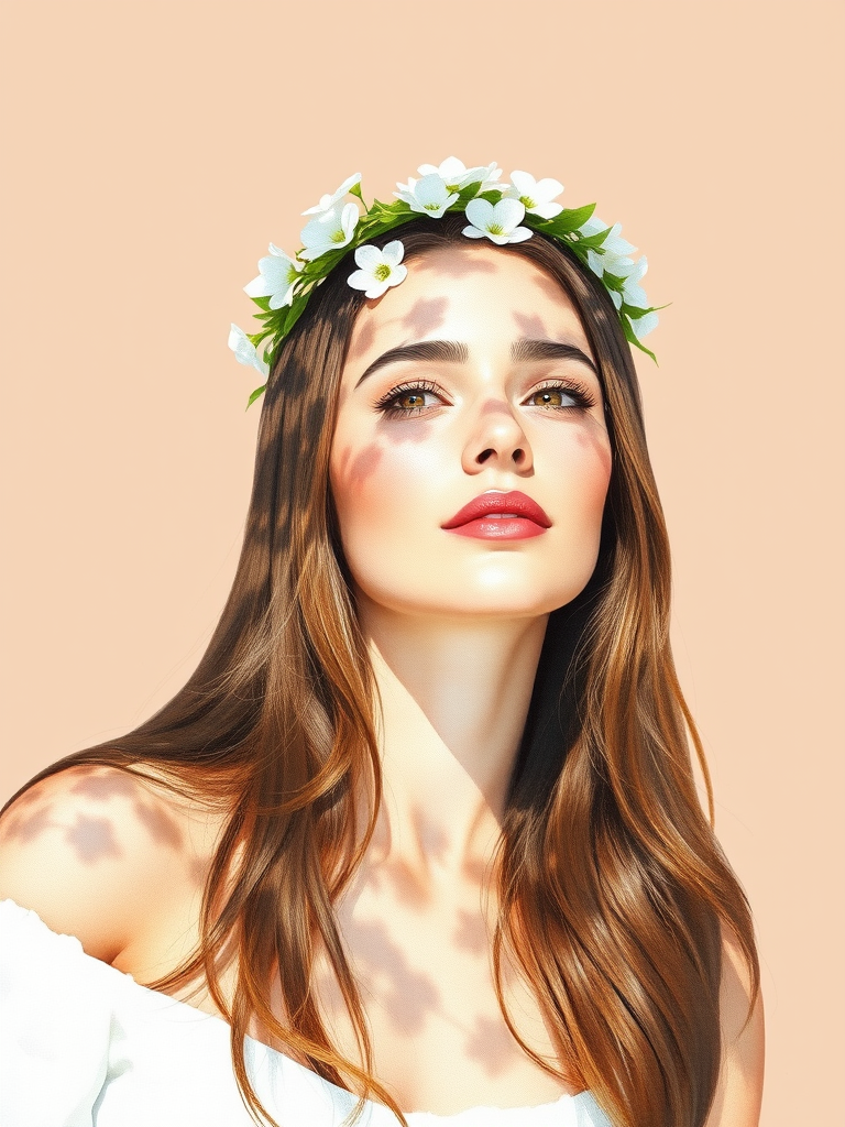 create a watercolor painting of an ethereal portrait of beautiful Georgian woman with a simple white flower crown on her head. Her hair is long and she is lying on the ground. The sunlight on the trees casts shadows from the leaves on her face and body. The background is a neutral brown color that matches her skin tone. The image is minimalist and solid colors. This style is characterized by soft, delicate brushstrokes and a light, airy, contrasting color palette. High level of detail and play of light