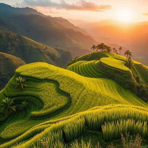 Generate a high-resolution image of lush green terraced rice fields on a mountainside during golden hour with soft, diffused light, using a Canon EOS 5D Mark IV, ISO 100, aperture f/8, shutter speed 1/200 sec, focal length 24mm, taken from a slightly elevated angle for a panoramic view.