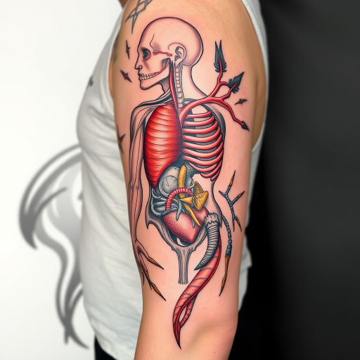 Anatomical tattoo named "Inner Workings" showcasing highly detailed and scientifically accurate depictions of human anatomy with a mix of realistic rendering and artistic interpretation in a visually striking composition