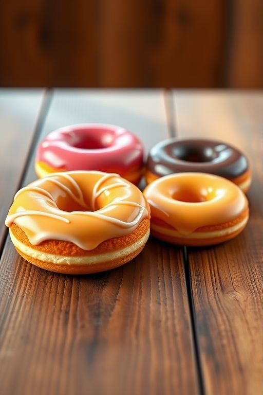 Create a 3D render of four colorful donuts on a wooden table, using a Canon EOS 5D Mark IV camera with a 50mm f/1.8 lens, aperture set to f/2.8, ISO 100, shutter speed 1/60s, with a shallow depth of field and natural lighting to enhance texture and details.