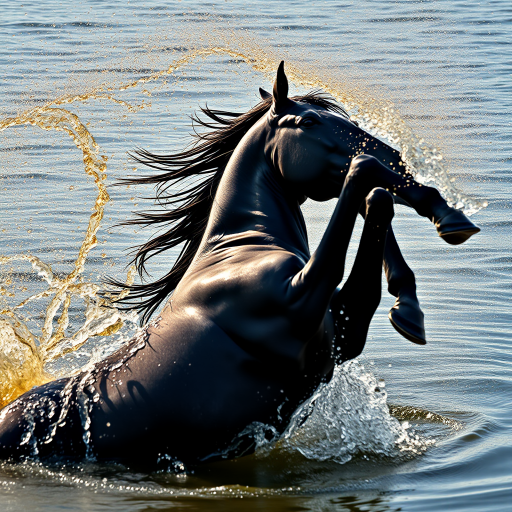 Create a high-resolution image of a powerful black horse rearing in water, splashing golden droplets around, using a DSLR camera with a 50mm lens at f/1.8, ISO 100, shutter speed 1/200s, in a low angle perspective to emphasize motion and drama, with natural lighting to enhance reflections and details.
