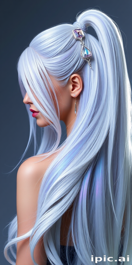 Mystical portrait reveals Moonstone Shimmer long hair, pearlescent white base with iridescent blue and purple undertones, styled in a sleek high ponytail with crystal-embellished accessories
