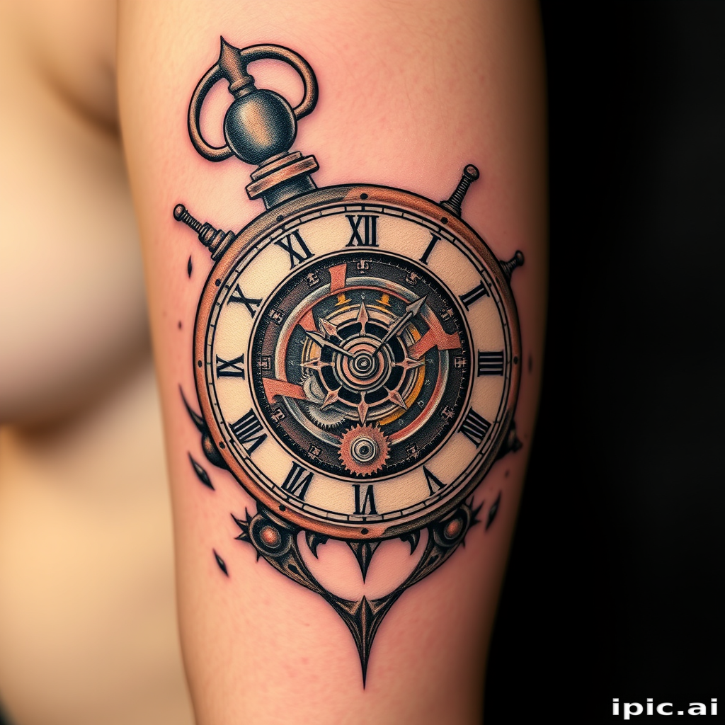 Realistic 3D tattoo titled "Steampunk Chronos" depicting a meticulously detailed mechanical clock with exposed gears cogs and springs seemingly embedded within the skin giving an illusionary depth