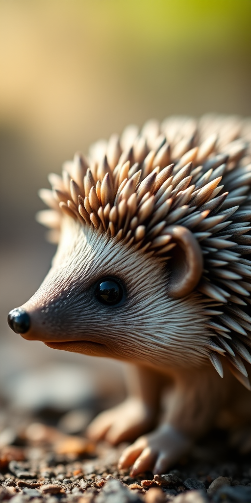highly detailed close-up of a realistic hedgehog figurine, natural lighting, shallow depth of field, 50mm lens, f/2.8 aperture, ISO 100, DSLR camera, focus on texture of quills and eyes, soft background blur
