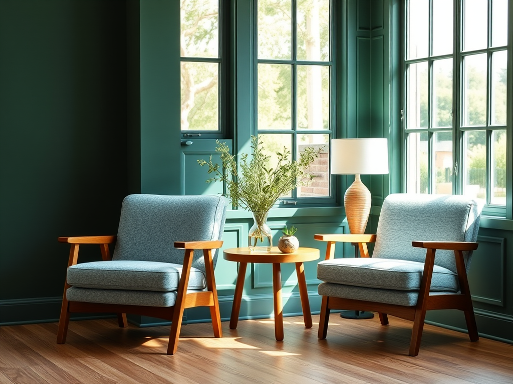 Interior scene featuring two mid-century modern armchairs upholstered in light blue fabric, positioned around a wooden side table with a vase of greenery, set against a deep green wall with large windows letting in natural light, captured with a Canon EOS R5, 35mm lens, aperture f/2.8, ISO 200, 1/125 sec, in a warm and inviting style.