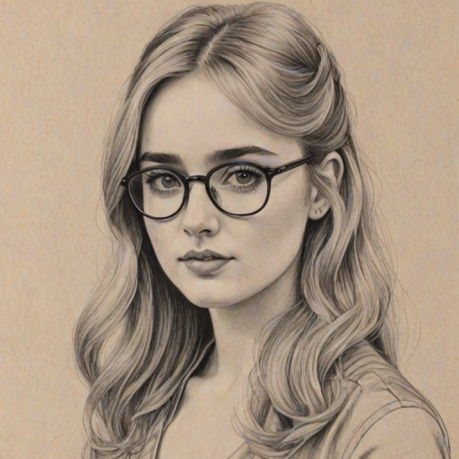 Appealing Kathryn Newton, pencil sketch, portrait of Lovely woman 1967s in glasses, hair style beatnik, outline, clear lines, fine lines, 8k