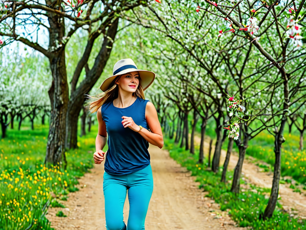 Spring Running Woman girl with the long hair, use hat, running, spring, under trees ...
