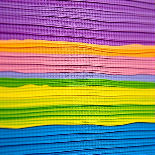 create an abstract close-up of a textured painting with horizontal stripes in vibrant purple, yellow, green, and blue, captured with a Canon EOS R5 camera at f/8 aperture, 1/125 sec shutter speed, ISO 100, using a macro lens, in natural light for enhanced detail and color saturation