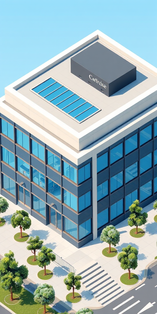 Create an isometric illustration of a modern office building with large blue windows and a flat roof, shot with a DSLR camera at f/8, ISO 100, 24mm lens, utilizing a wide-angle view to enhance clarity and detail.