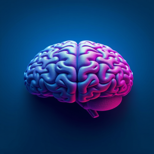 Create a highly detailed digital illustration of a stylized brain design with intricate patterns and a gradient from purple to blue, shot with a Canon EOS R5 at f/8, 1/125s, ISO 100, top-down view, soft focus style, high-resolution rendering.