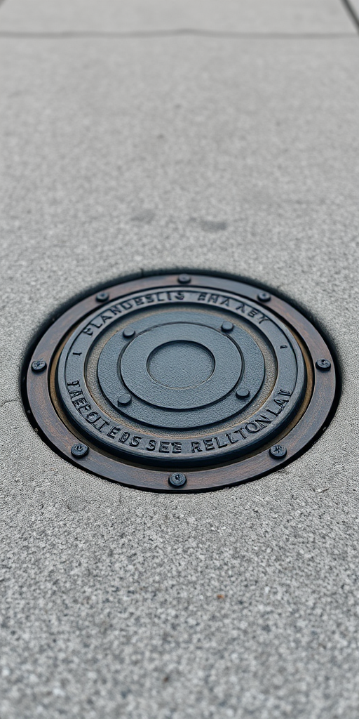 Generate a high-resolution 3D rendering of a round manhole cover on a textured concrete surface, using a DSLR camera with a 50mm lens, aperture set to f/8, ISO 100, and a focal length of 50mm, captured from a low angle to emphasize depth and detail.