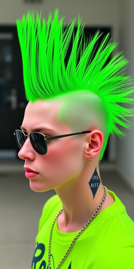 Daring neon green mohawk with shaved sides, dubbed "Electric Rebel," stands tall and proud with a vibrant, eye-catching hue that demands attention