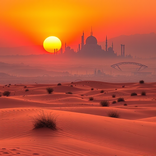 Create a surreal desert landscape at sunset with futuristic city silhouettes in the background, using a wide-angle lens, f/8 aperture, ISO 100, 24mm focal length, 16:9 aspect ratio, captured with a digital mirrorless camera for enhanced image quality.