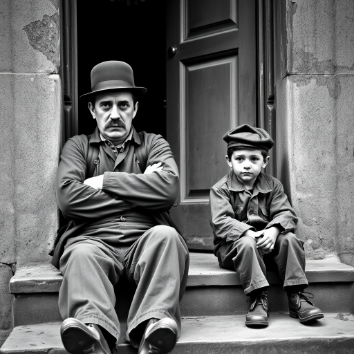 A black-and-white photograph of a man and a child sitting on steps in front of a doorway. The man is dressed as a tramp with a bowler hat, mustache, and ragged clothes, reminiscent of Charlie Chaplin's iconic look. He is sitting with his arms crossed and an expression of slight sadness or frustration. Next to him is a young boy, also in worn clothes and a cap, sitting with his hands clasped, looking thoughtful. The background is an old, textured wall and a partially open door, creating a vintage, early 20th-century atmosphere.