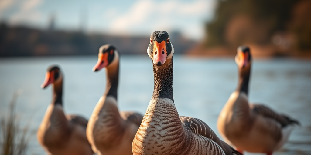 Capture a close-up of a group of four waterfowl by the lake with a shallow depth of field, using a Canon EOS 5D Mark IV, 50mm f/1.8 lens, ISO 200, aperture f/2.8, and a shutter speed of 1/200s in natural soft light.