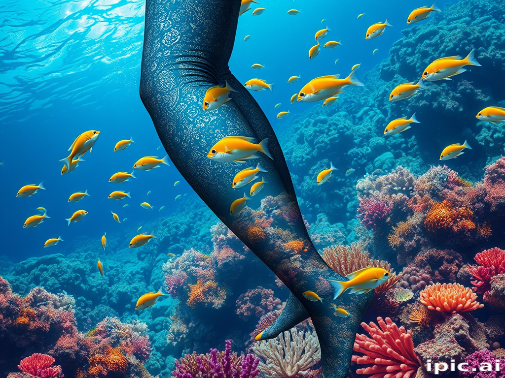 Photorealistic underwater scene wrap-around leg sleeve, coral reef teeming with tropical fish, rich blues and vibrant coral hues