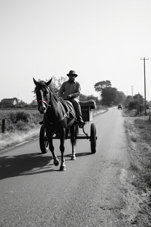 capture a black and white image of a man riding a horse-drawn cart along a rural road with clear skies, use a Canon EOS 5D Mark IV with a 50mm f/1.8 lens at ISO 100, aperture f/8, and shutter speed 1/250 sec, framing from a low angle to emphasize the cart and surrounding environment