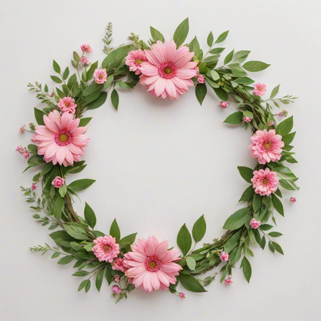 create a circular floral wreath design with pink flowers, green leaves, and small colorful accents on a white background