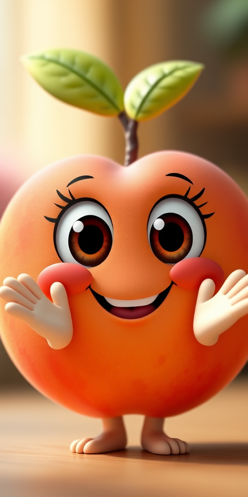 Create a 3D cartoon-style character of a smiling peach with large eyes and a friendly expression, hands raised in a welcoming gesture, soft lighting, high-resolution, shallow depth of field, shot with a DSLR camera at f/2.8, 50mm lens, ISO 100, natural color balance.