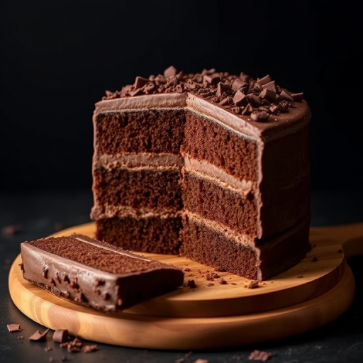 A three-layer chocolate cake with rich chocolate frosting and chocolate shavings on top, sliced to reveal its moist interior, placed on a wooden board with some chocolate shavings scattered around, against a dark background.