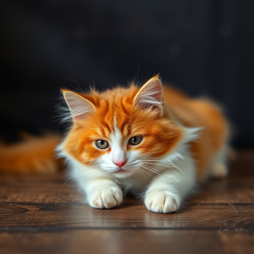 A fluffy orange and white cat lying on a wooden surface with a dark textured background, captured with a Canon EOS 5D Mark IV, 50mm lens, aperture f/1.8, ISO 200, natural light, shallow depth of field.