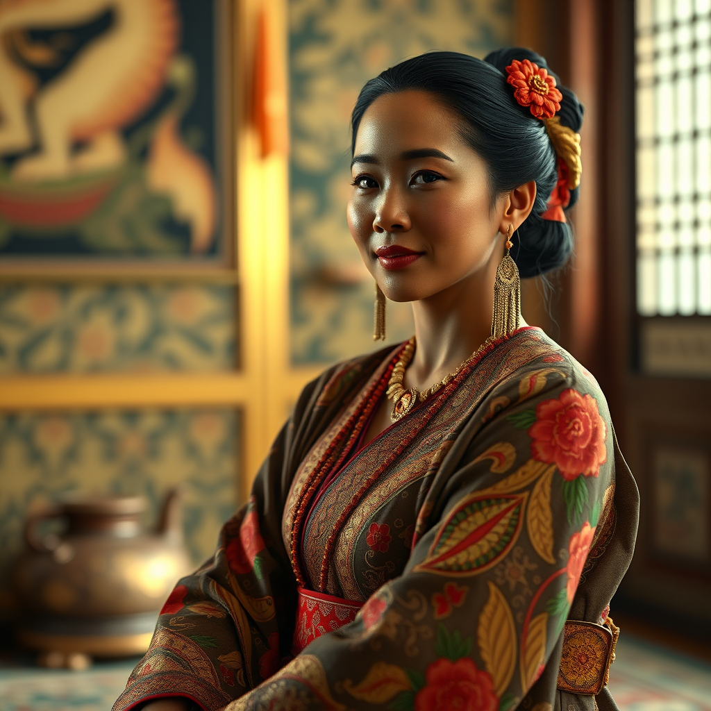 A beautiful Aboriginal Australian woman in traditional East Asian attire, intricately detailed with embroidered patterns, sitting gracefully in a richly decorated room, soft ambient lighting, serene and elegant, ultra-realistic, 8K resolution