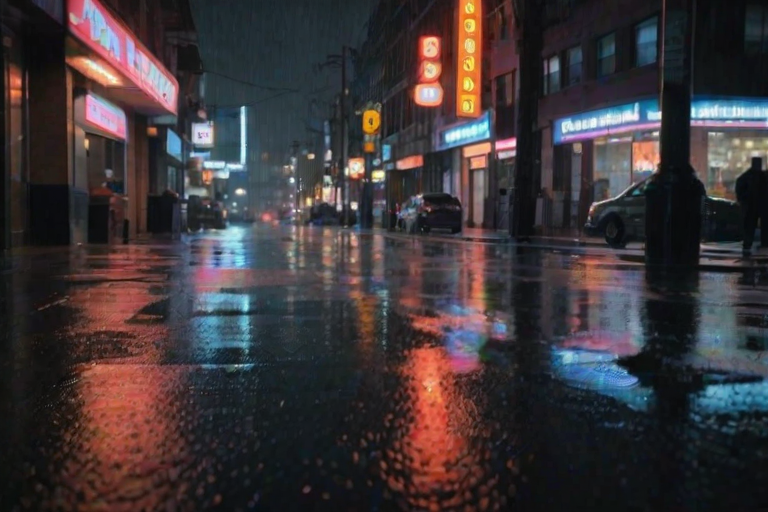 Sharp, high-resolution image of a rainy city street at night, soft reflections of neon signs glistening on the wet pavement, distant cars driving by, and the sound of raindrops tapping against windows, a mood of quiet contemplation.