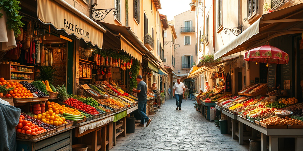 Sharp, high-resolution image of a bustling open-air market in a Mediterranean village, stalls lined with colorful fruits, vegetables, and spices, soft sunlight reflecting off the cobblestone street, the sound of vendors calling out to customers.