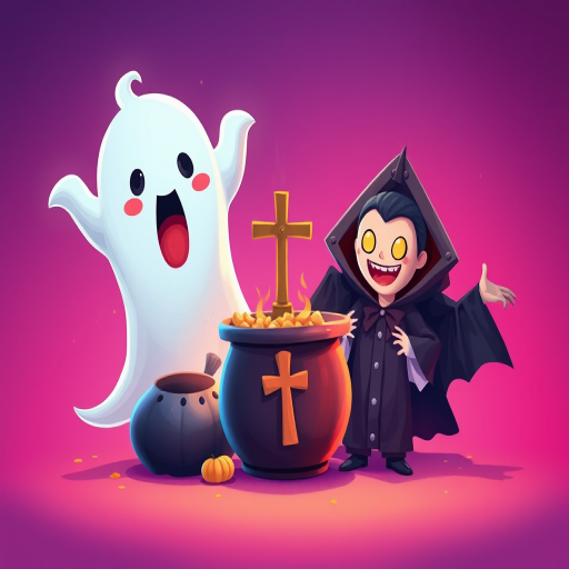 Create a vibrant illustration featuring a cute ghost, a spooky cauldron, a coffin with a cross, and a vampire, using a high-resolution digital art style, set against a gradient background of purple to pink, shot with a Canon EOS R5 at f/2.8, ISO 100, with a 50mm lens in portrait orientation.