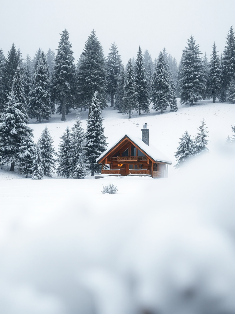 snowy landscape with a cozy cabin surrounded by evergreen trees, soft focus, wide-angle view, DSLR, f/8 aperture, ISO 200, 24mm focal length, overcast lighting for a serene atmosphere