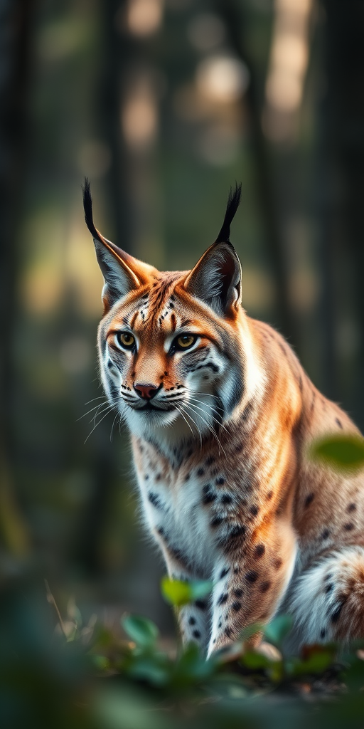 Lynx in forest setting, soft natural lighting, 50mm lens, f/2.8, ISO 200, shutter speed 1/125 sec, depth of field focused on the lynx, DSLR camera.