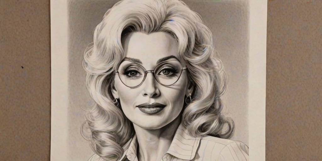 Appealing Dolly Parton, pencil sketch, portrait of Superb woman 1937s in glasses, hair style beatnik, outline, clear lines, fine lines, 8k