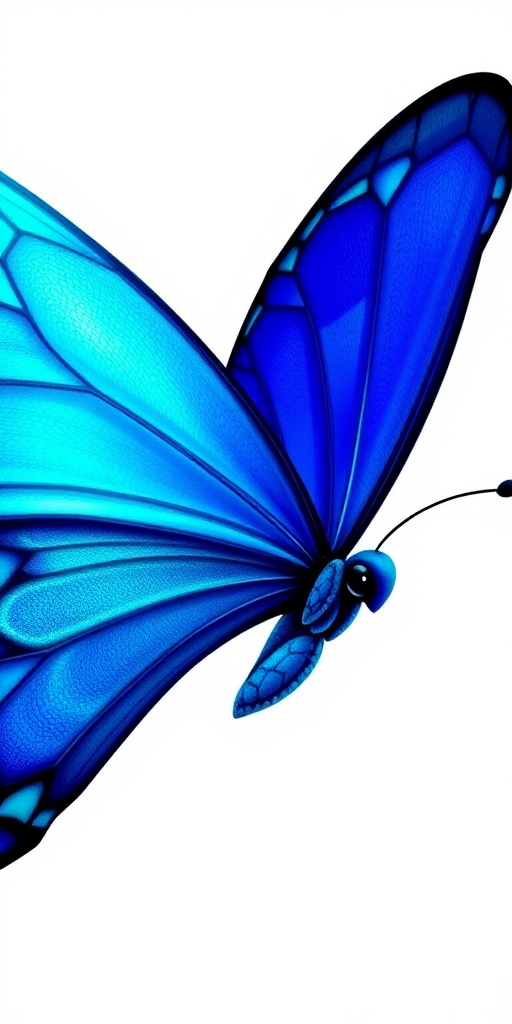 Generate an image of a vibrant blue butterfly with large wings. The butterfly should have intricate patterns and a glossy texture, showcasing shades of blue and hints of green. The background should be plain and light to emphasize the butterfly's colors.