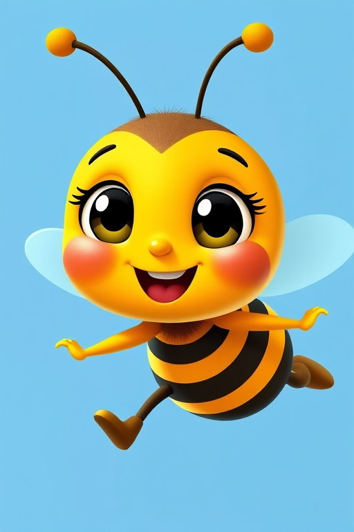 Create a vibrant illustration of a cute cartoon bee character with oversized eyes and a cheerful expression, wearing a striped outfit, flying against a bright blue background, captured in high resolution with a DSLR camera at f/2.8 aperture, 50mm lens, and 1/1000 shutter speed for sharp detail and vivid colors.