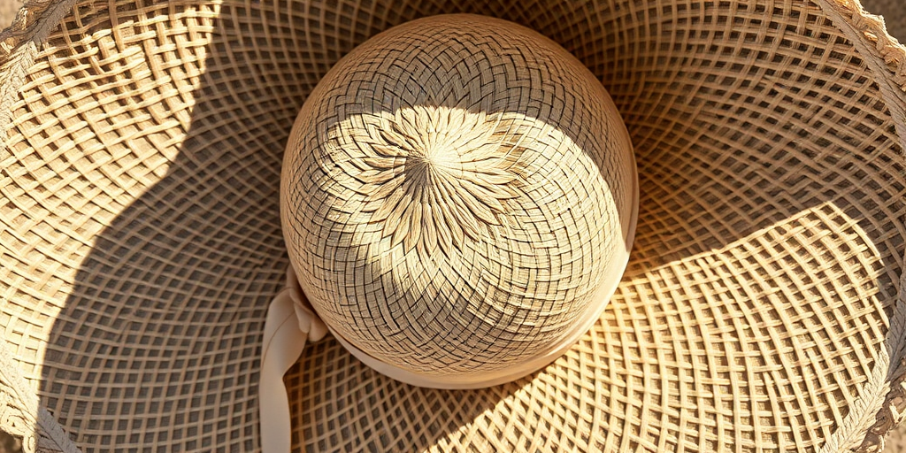 Generate a high-resolution image of a straw sun hat with a wide brim and a ribbon, using a DSLR camera, f/2.8 aperture, ISO 100, 50mm lens, top-down view, natural light for enhanced texture and detail.