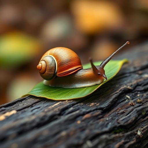 Close-up shot of a snail on a leaf resting on a log, shallow depth of field, ISO 100, aperture f/2.8, shutter speed 1/200 sec, macro lens, natural light, DSLR camera, focus on the snail with soft background blur.